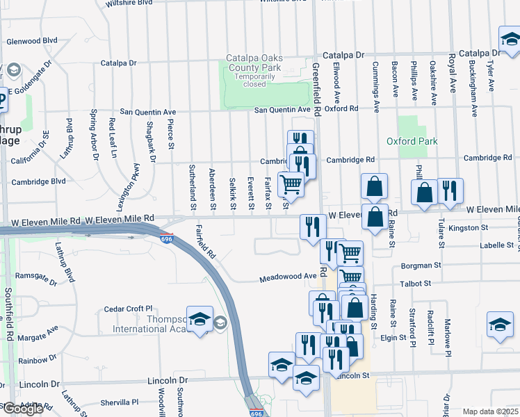 map of restaurants, bars, coffee shops, grocery stores, and more near 27046 Everett Street in Southfield
