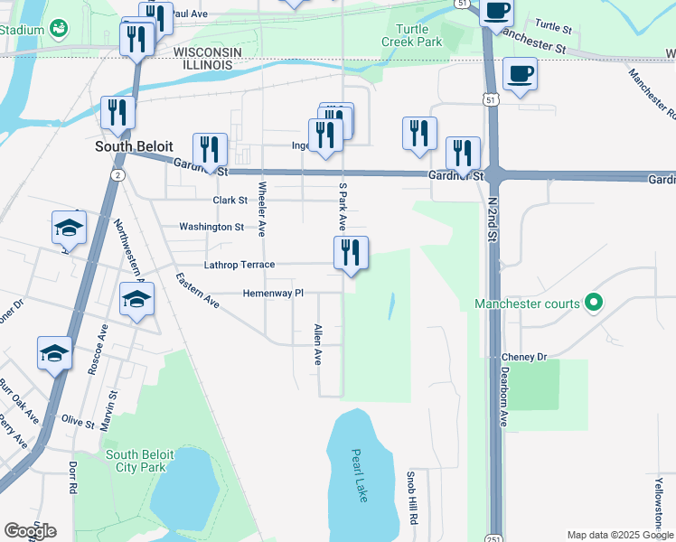 map of restaurants, bars, coffee shops, grocery stores, and more near 700 South Park Avenue in South Beloit