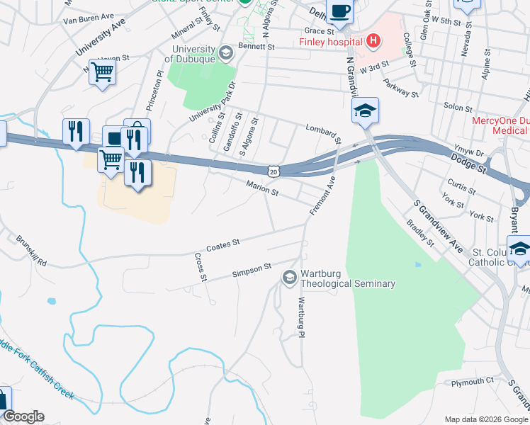 map of restaurants, bars, coffee shops, grocery stores, and more near 155 Concord St in Dubuque