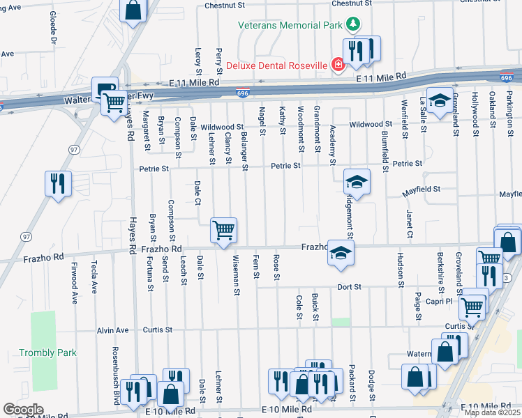 map of restaurants, bars, coffee shops, grocery stores, and more near 26110 Nagel Street in Roseville