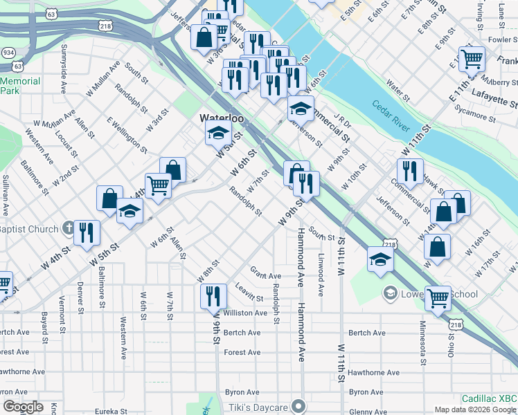 map of restaurants, bars, coffee shops, grocery stores, and more near 612 West 8th Street in Waterloo