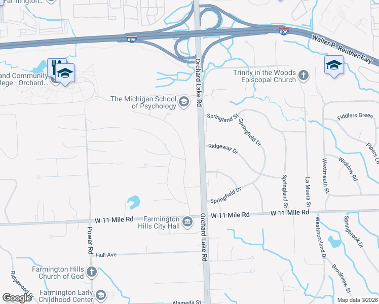 map of restaurants, bars, coffee shops, grocery stores, and more near 26524 Holly Hill Drive in Farmington Hills