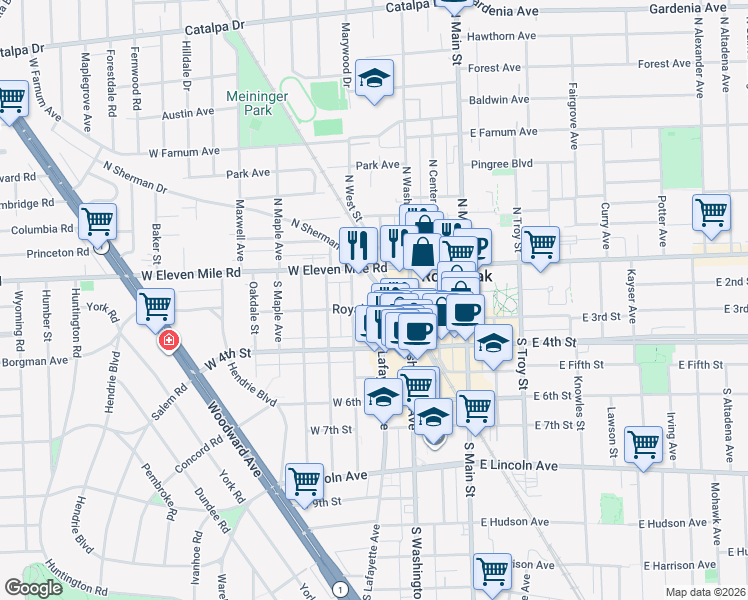 map of restaurants, bars, coffee shops, grocery stores, and more near 202 Lafayette Avenue in Royal Oak