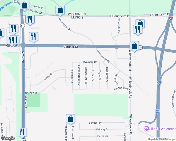 map of restaurants, bars, coffee shops, grocery stores, and more near 15619 Stonecrest Road in South Beloit