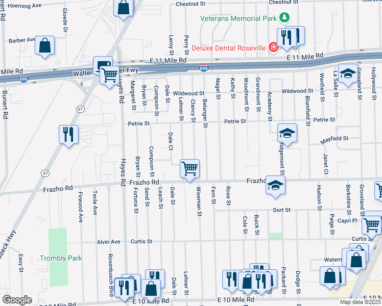 map of restaurants, bars, coffee shops, grocery stores, and more near 26244 Lehner Street in Roseville