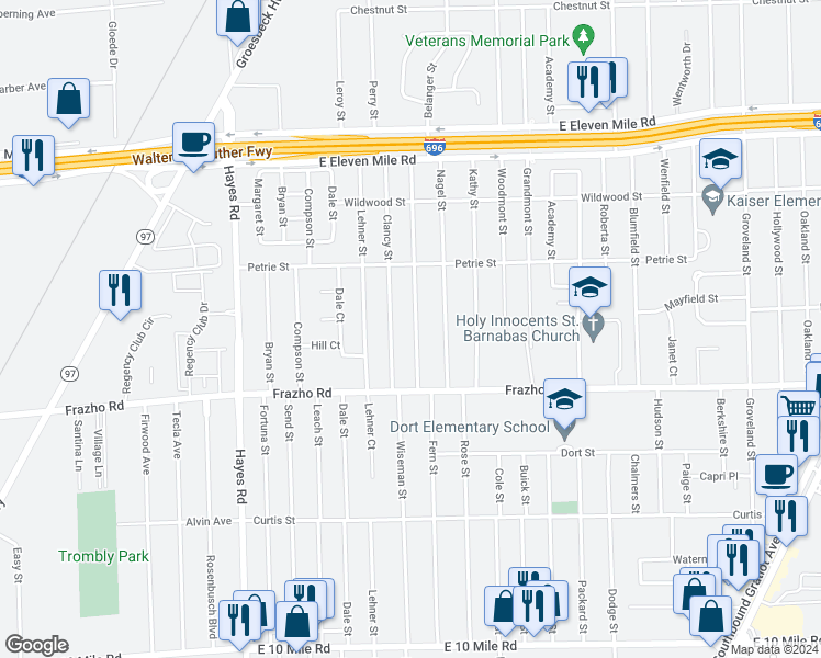 map of restaurants, bars, coffee shops, grocery stores, and more near 26227 Belanger Street in Roseville