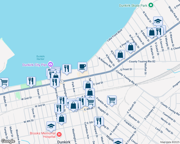 map of restaurants, bars, coffee shops, grocery stores, and more near 10 North Main Street in Dunkirk