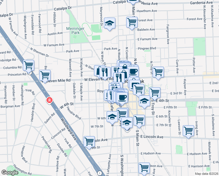 map of restaurants, bars, coffee shops, grocery stores, and more near 202 Lafayette Avenue in Royal Oak