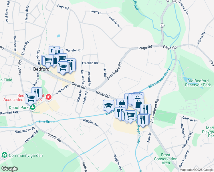 map of restaurants, bars, coffee shops, grocery stores, and more near 7 Brooksbie Road in Bedford