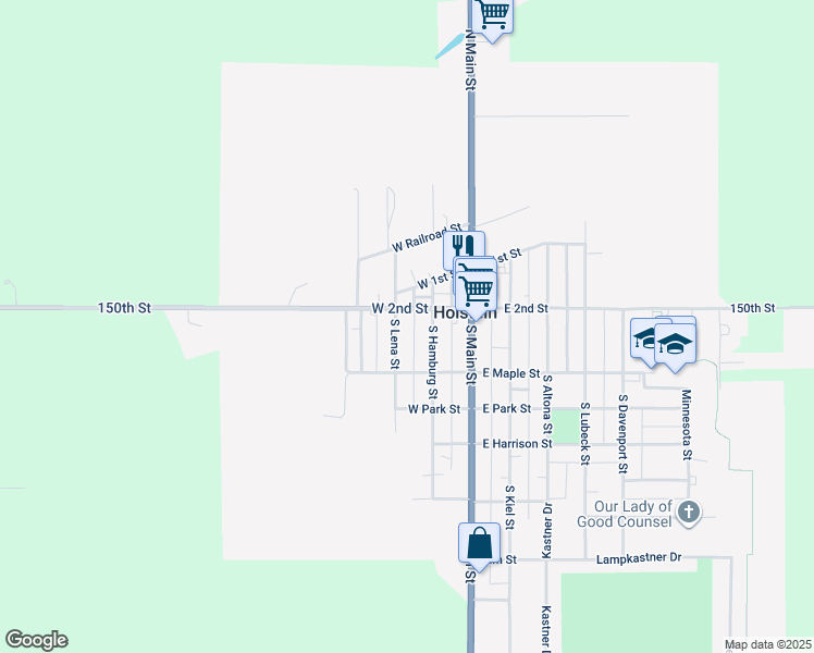 map of restaurants, bars, coffee shops, grocery stores, and more near 215-255 W 2nd St in Holstein