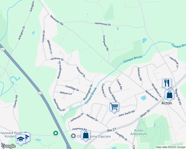 map of restaurants, bars, coffee shops, grocery stores, and more near 9 Washington Drive in Acton