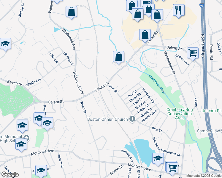 map of restaurants, bars, coffee shops, grocery stores, and more near 9 Pine Street in Woburn