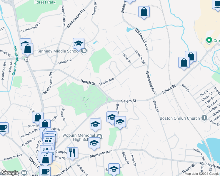 map of restaurants, bars, coffee shops, grocery stores, and more near 5 Dearborn Terrace in Woburn