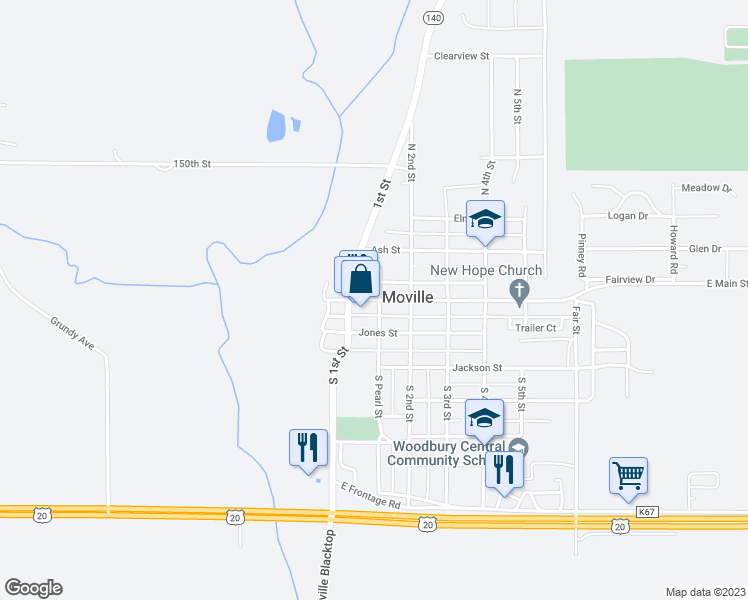 map of restaurants, bars, coffee shops, grocery stores, and more near 140 Main Street in Moville