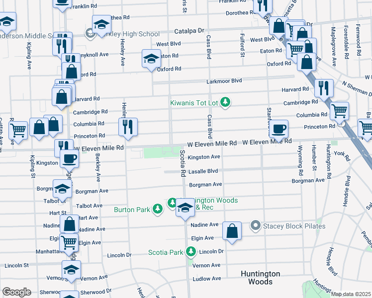 map of restaurants, bars, coffee shops, grocery stores, and more near 10867 West Eleven Mile Road in Huntington Woods