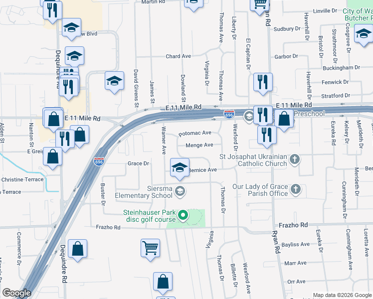 map of restaurants, bars, coffee shops, grocery stores, and more near 3126 Menge Ave in Warren
