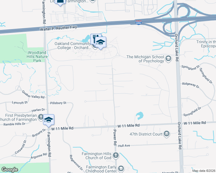 map of restaurants, bars, coffee shops, grocery stores, and more near 32446 Sandstone in Farmington Hills