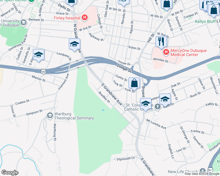 map of restaurants, bars, coffee shops, grocery stores, and more near 264 South Grandview Avenue in Dubuque