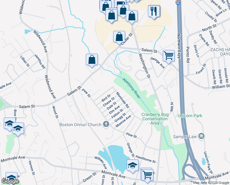 map of restaurants, bars, coffee shops, grocery stores, and more near 53 Montvale Road in Woburn
