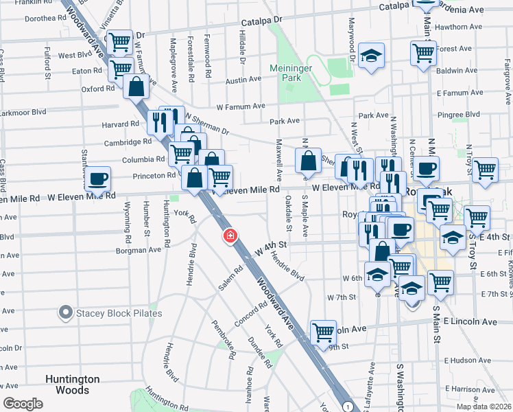 map of restaurants, bars, coffee shops, grocery stores, and more near 161 Hendrie Boulevard in Royal Oak