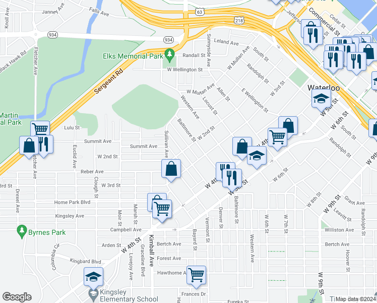 map of restaurants, bars, coffee shops, grocery stores, and more near 1241 West 2nd Street in Waterloo
