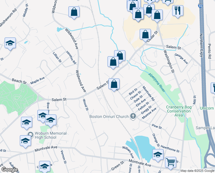 map of restaurants, bars, coffee shops, grocery stores, and more near 9 Pine Street in Woburn