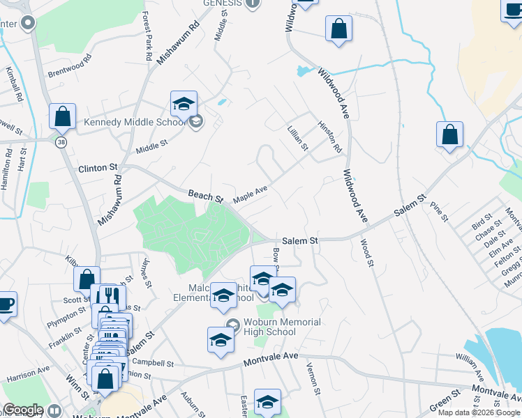 map of restaurants, bars, coffee shops, grocery stores, and more near 5 Dearborn Terrace in Woburn