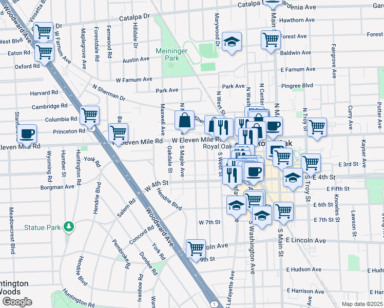map of restaurants, bars, coffee shops, grocery stores, and more near 119 South Pleasant Street in Royal Oak
