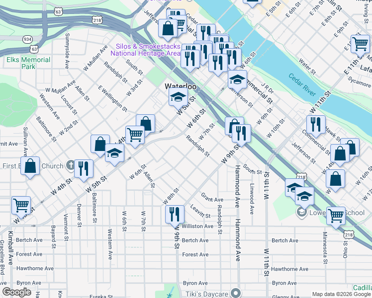 map of restaurants, bars, coffee shops, grocery stores, and more near 828 Randolph Street in Waterloo