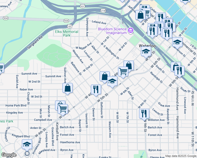 map of restaurants, bars, coffee shops, grocery stores, and more near 425 Western Avenue in Waterloo
