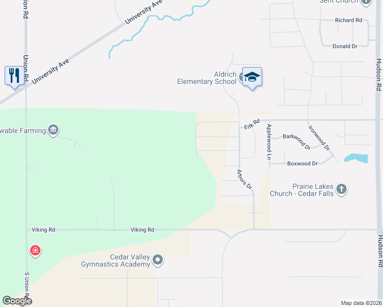 map of restaurants, bars, coffee shops, grocery stores, and more near 6206 Viking Road in Cedar Falls