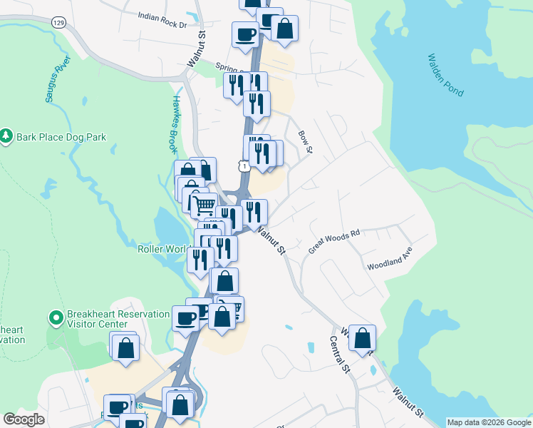 map of restaurants, bars, coffee shops, grocery stores, and more near 200 Walnut Street in Saugus