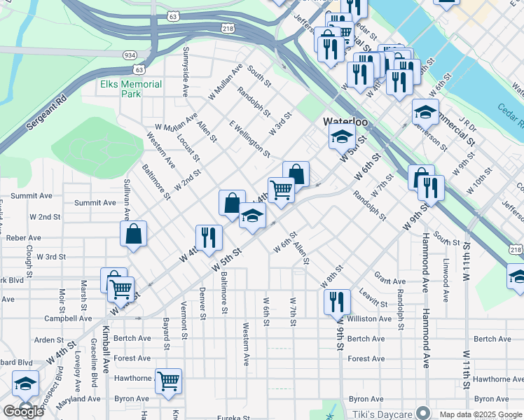 map of restaurants, bars, coffee shops, grocery stores, and more near 610 Allen Street in Waterloo