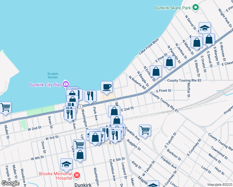 map of restaurants, bars, coffee shops, grocery stores, and more near 12 North Main Street in Dunkirk