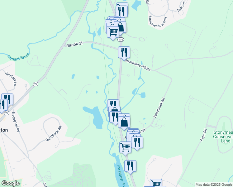 map of restaurants, bars, coffee shops, grocery stores, and more near 198 Great Road in Acton