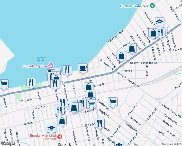 map of restaurants, bars, coffee shops, grocery stores, and more near 12 North Main Street in Dunkirk