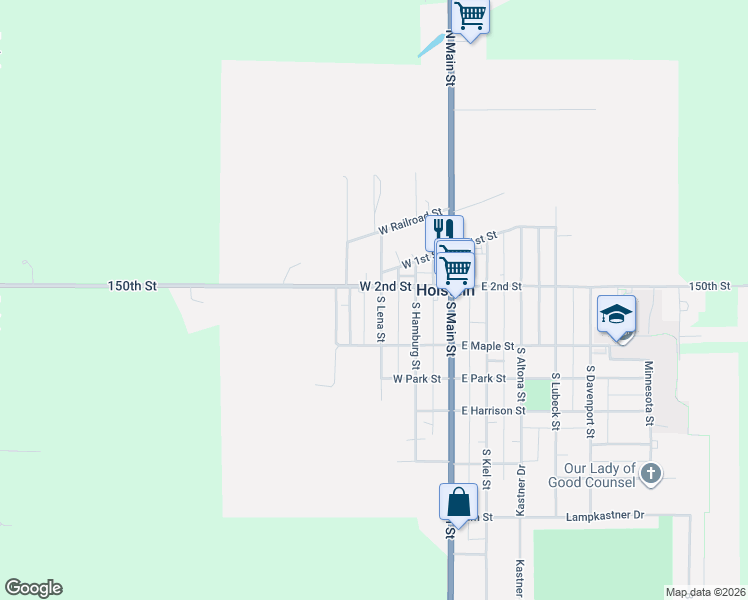 map of restaurants, bars, coffee shops, grocery stores, and more near 301-413 West 2nd Street in Holstein