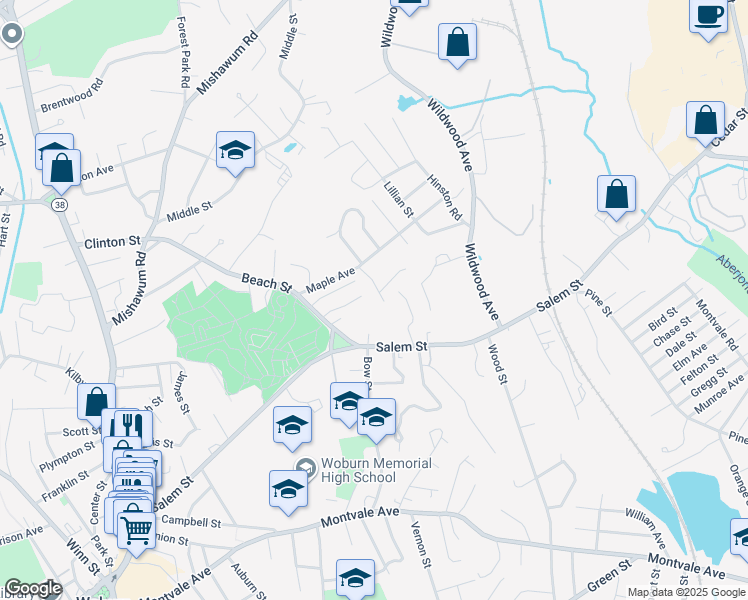 map of restaurants, bars, coffee shops, grocery stores, and more near 7 Laura Road in Woburn