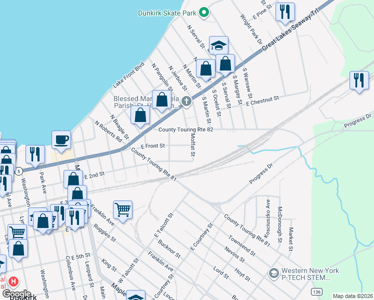 map of restaurants, bars, coffee shops, grocery stores, and more near 204 East 2nd Street in Dunkirk
