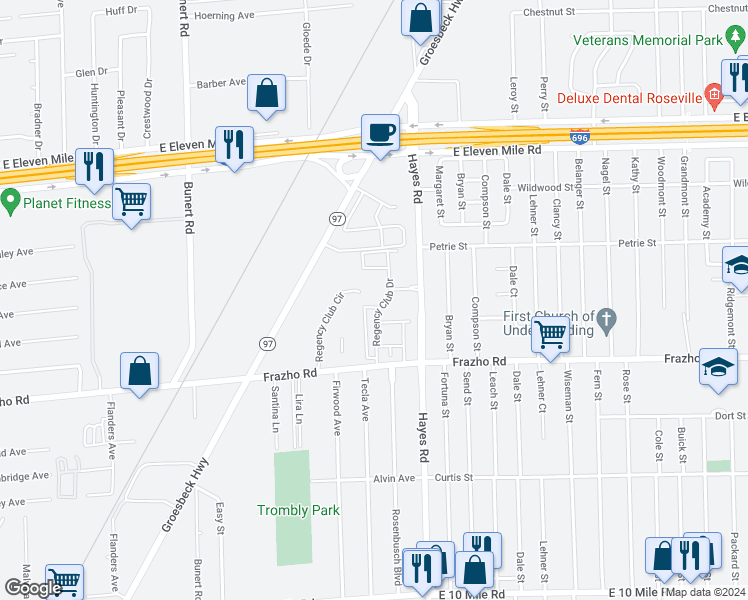 map of restaurants, bars, coffee shops, grocery stores, and more near 26145 Regency Club Drive in Warren
