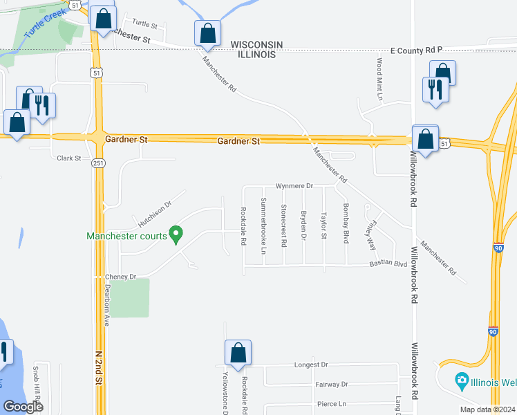 map of restaurants, bars, coffee shops, grocery stores, and more near 15620 Summerbrooke Lane in South Beloit
