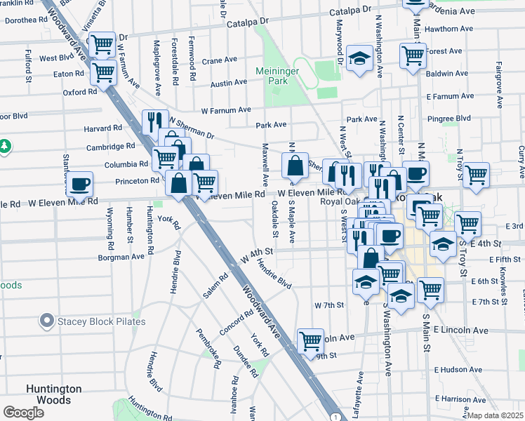 map of restaurants, bars, coffee shops, grocery stores, and more near 121 Oak Street in Royal Oak