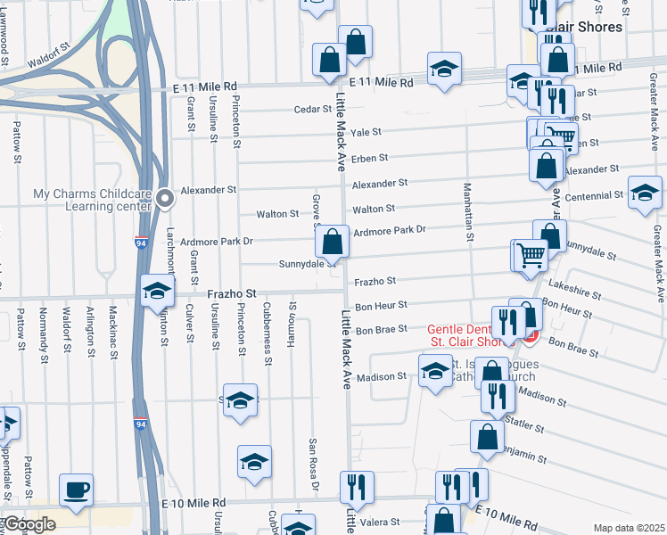 map of restaurants, bars, coffee shops, grocery stores, and more near 26529 Little Mack Avenue in St. Clair Shores