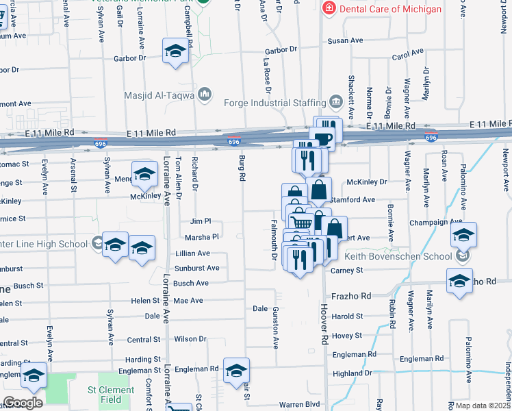 map of restaurants, bars, coffee shops, grocery stores, and more near 11361 Carrier Avenue in Warren