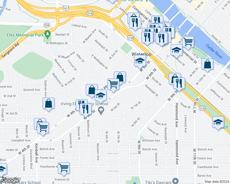 map of restaurants, bars, coffee shops, grocery stores, and more near 910 West 5th Street in Waterloo