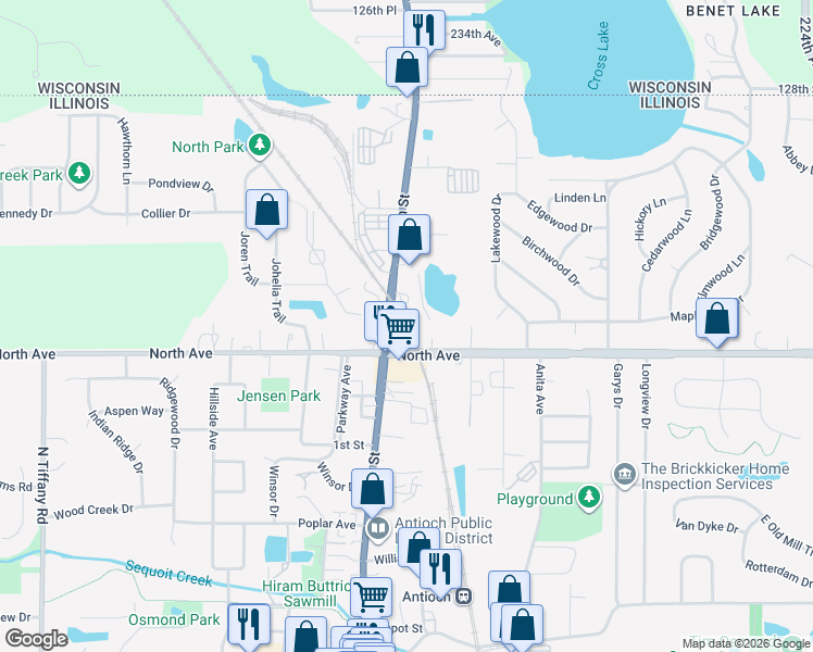 map of restaurants, bars, coffee shops, grocery stores, and more near 43118 Illinois 83 in Antioch