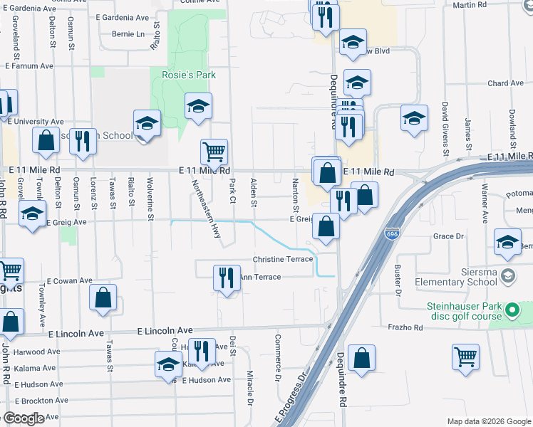map of restaurants, bars, coffee shops, grocery stores, and more near 1525 E Greig Ave in Madison Heights