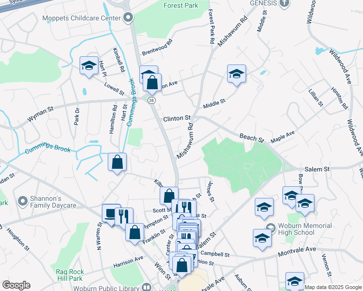 map of restaurants, bars, coffee shops, grocery stores, and more near 12 Mishawum Road in Woburn
