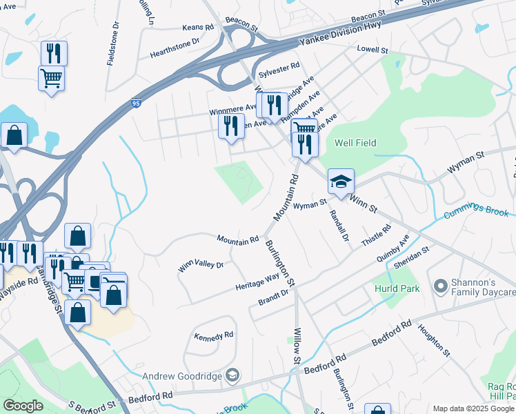 map of restaurants, bars, coffee shops, grocery stores, and more near 22 Richardson Road in Burlington