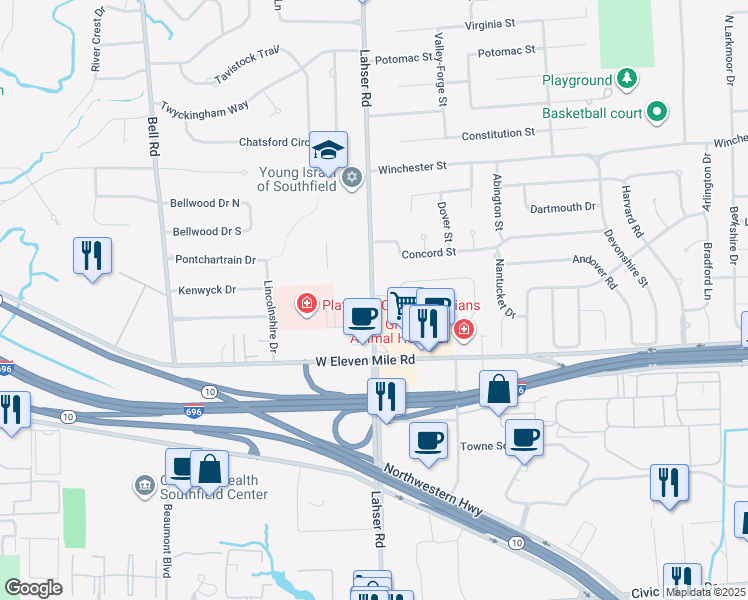 map of restaurants, bars, coffee shops, grocery stores, and more near 27255 Lahser Rd in Southfield